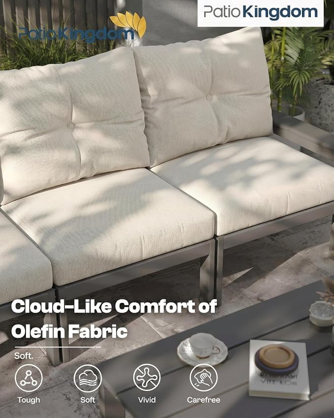 HDPE Outdoor Patio Furniture Set, 7-Piece Patio Conversation Sets with Coffee Table & Side Table & Beige Washable Thick Cushions, Outdoor Sofa for Balcony, Porch (Grey Frame)