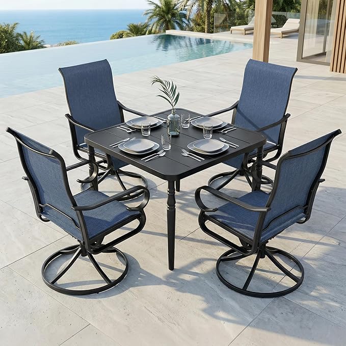 NUU GARDEN Outdoor Dining Set with Umbrella Hole, 5-Piece Patio Furniture Set with Slatted Table and 4 Breathable Textilene Swivel Chairs, All-Weather Patio Dining Set, Blue