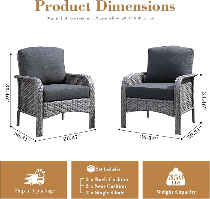 2 Pieces Patio Furniture Set, Two Single Chair Outdoor Furniture, All-Weather Rattan Wicker High Back Conversation Set of 2 for Small Space Porch, Backyard, Balcony, Black