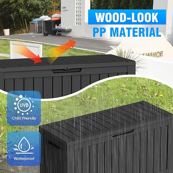 Outdoor Waterproof Resin Storage Deck Box Lockable Outside Bench UV Resistant Bin Patio Porch Furniture Pool Float Garden Tool Cushion (Black, 90 Gallon)