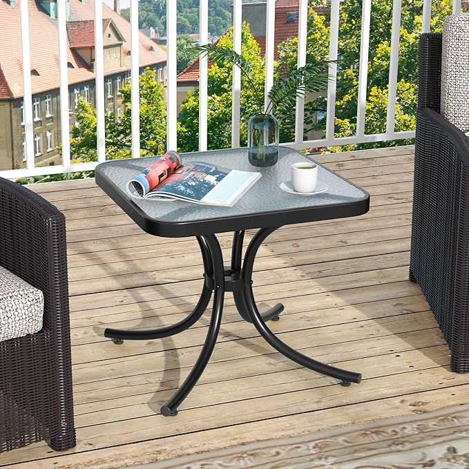 Giantex Small Outdoor Side Table with Tempered Glass Top Set of 2, Heavy-Duty Metal Frame, 110 Lbs Capacity, Square Patio Table for Balcony, Porch, Backyard, Deck, Black