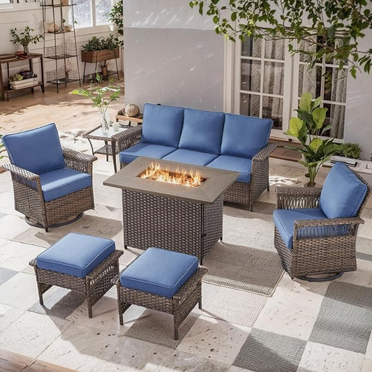 Patio Furniture Set with Fire Pit Table, 7PCS Patio Conversation Set Brown Resin Wicker Swivel Patio Chair Sofa Ottoman Set with Side Table and Fire Table PE Rattan Furniture Set