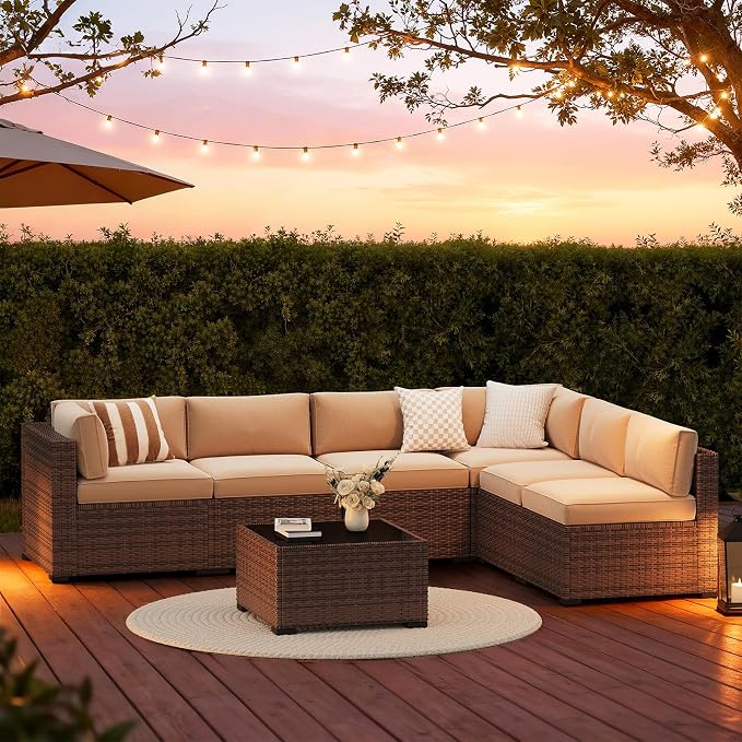 LazySunsets 7-Piece Patio Furniture Set, Wicker Rattan Outdoor Furniture with Thick Cushions, Patio Conversation Sets with Coffee Table, Outdoor Sectional Couch Sofa, Beige