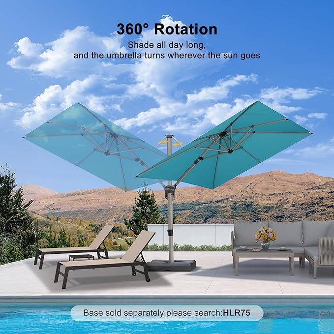 PURPLE LEAF 8’ X 8‘ Patio Umbrella Outdoor Cantilever Umbrella, Aluminum Offset Umbrella with Champagne Frame and 360° Rotation for Pool Deck Garden, Turquoise Blue
