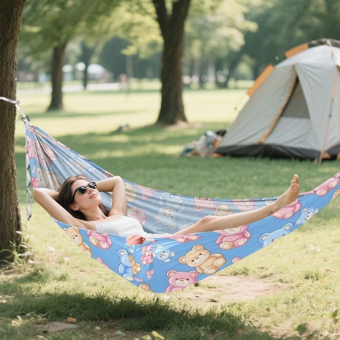 Camping Hammock Outdoor Hammocks for Outside Bear Blue Pink Yellow Beach Trees Portable Lightweight with Pockets Tree Straps Indoor