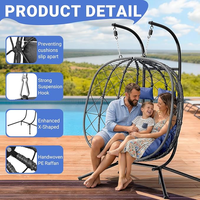 CHABATREE Double Egg Swing Chair with Stand - 2 Person Outdoor Patio Hanging Wicker Hammock Chair with Cushion, Dark Grey, for Garden, Lawn, Bedroom, Indoor/Outdoor Use
