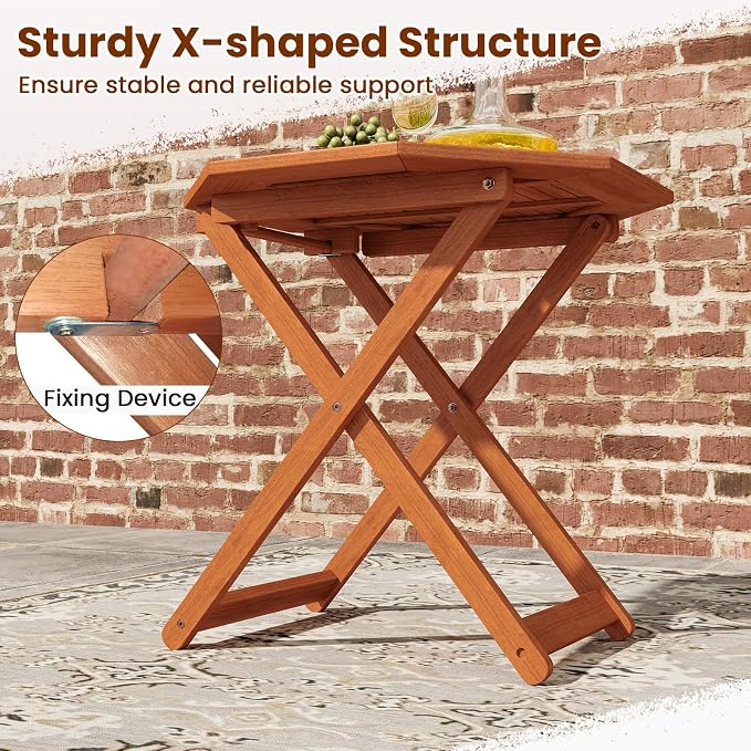 Folding Outdoor Dining Table, Solid Wood Bistro Table with 2" Umbrella Hole, Octagon Foldable Patio Table for Porch Balcony Deck Garden Yard, Teak Oil Finish, No Assembly Needed (1)
