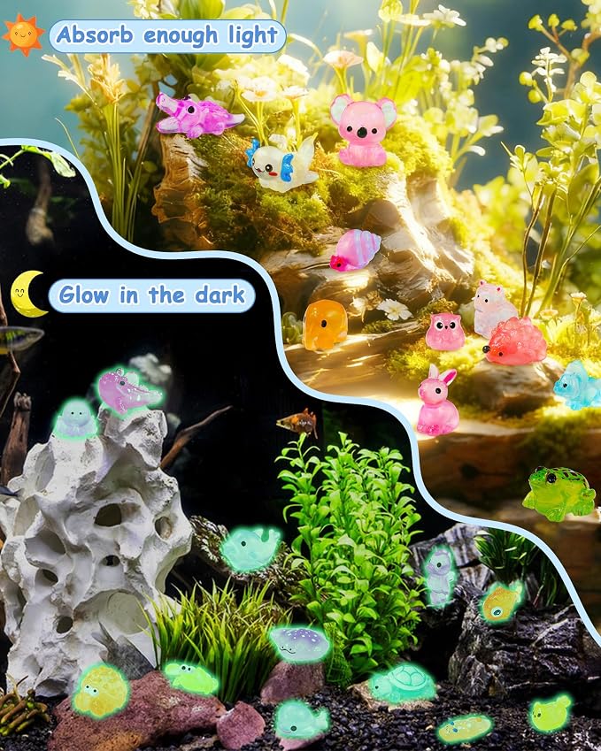 FIVEIZERO 102PCS Luminous Mini Resin Ocean Animals Bulk - 15 Styles Glow in The Dark Plastic Tiny Sea Creatures for Dollhouse, Fairy Garden, Aquarium, Party Favors & DIY Craft Decor