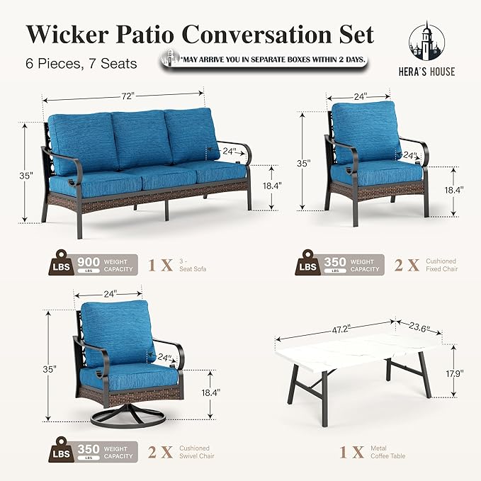 HERA'S HOUSE 6 Pieces Metal Patio Furniture Set, All Weather Outdoor Conversation Set with 3-Seat Sofa, 2 Swivel Chairs, 2 Fixed Chairs & Coffee Table, 7 Seats for Backyard, Garden, Deck, Pacific Blue