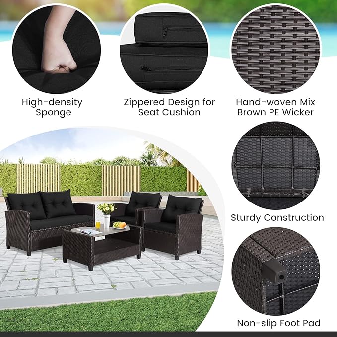 HAPPYGRILL 4 Pieces Patio Furniture Set Outdoor PE Rattan Conversation Set with 2-Tier Coffee Table, Extra Storage Shelf and Cushions, Patio PE Wicker Sofa Set for Garden Backyard Poolside