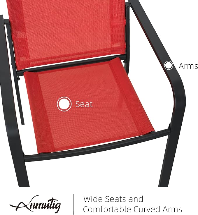 Outdoor Patio Dining Set of 5 with Red Stackable Chairs,63" Rectangle Table | Stackable Chairs, Metal Rectangle Table, Slat Table Top, 4 or 6 Person Use, All Weather, Textilene fabric Seat and Back