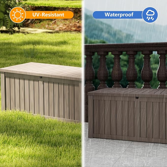 120 Gallon Outdoor Deck Boxes, IP68 Waterproof Outdoor Storage Box with Hydraulic Lid Support, Outside Resin Container for Furniture, Toy, Shoe, Garden & Patio Tools Storage -Brown