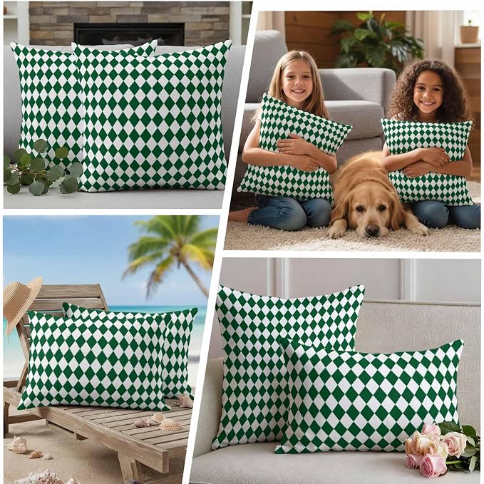 Modern Green White Diamond Outdoor Pillow Covers Set of 2,Decorative Waterproof Throw Pillow Case,Minimalist Geometric Plaid Cotton Linen Soft Cozy Cushion Pillowcases