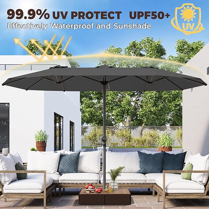 GDPFN 15FT Large Patio Umbrella, Outdoor Deck Standing Umbrella with Crank Handle, Double-Side Rectangular Pool Umbrella for Outside, Market, Patio, Dark Gray (Base Not Include)