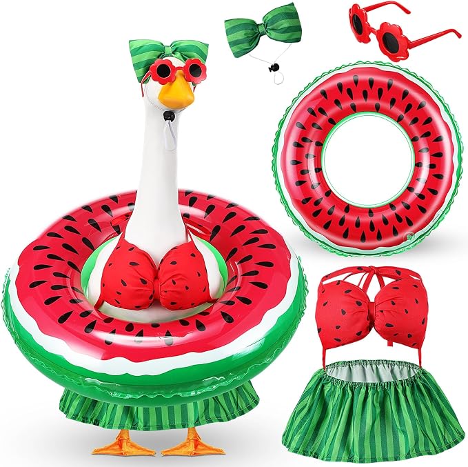 Bikini Porch Goose Outfits with Sunglasses and Swimming Tube for 23" Summer Goose Costume Garden Patio Statue Decor(Watermelon)