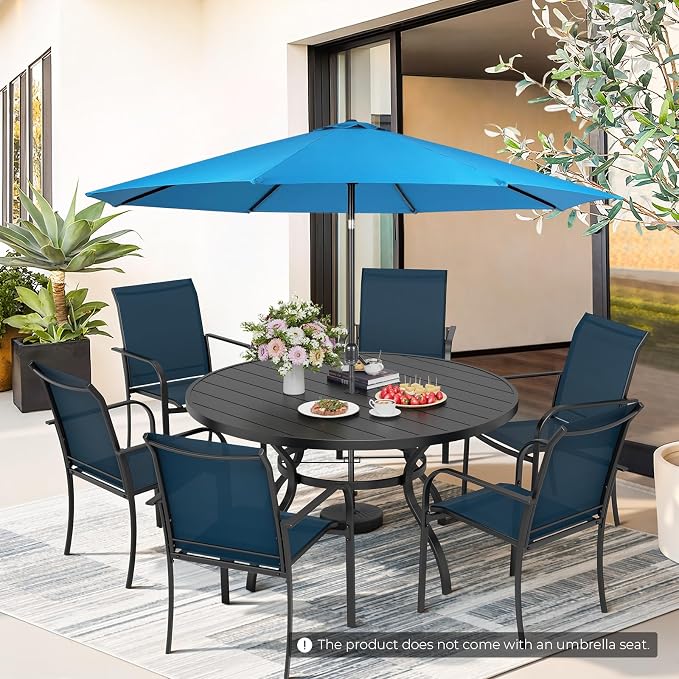 Incbruce 8 PCS Patio Dining Set with Sky Blue Umbrella, Outdoor Dining Set of 6 Textilene Chairs and 53" Round Table with Umbrella Hole for Backyard, Garden, and Poolside (Blue)