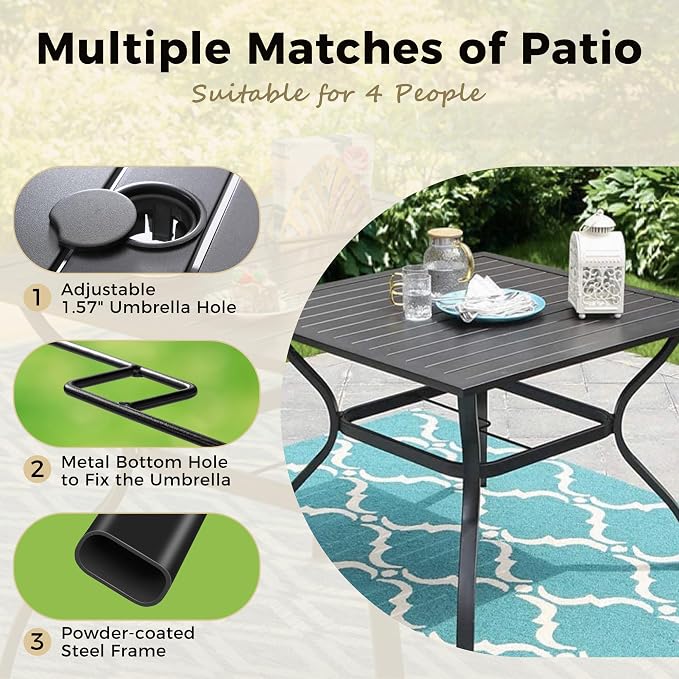 MIXPATIO Outdoor Patio Square Dining Table, 37"x 37" Metal Slatted Tabletop with Adjustable Umbrella Hole, All Weather Wrought Iron Black Outdoor Table for Deck Lawn Garden Backyard, Black