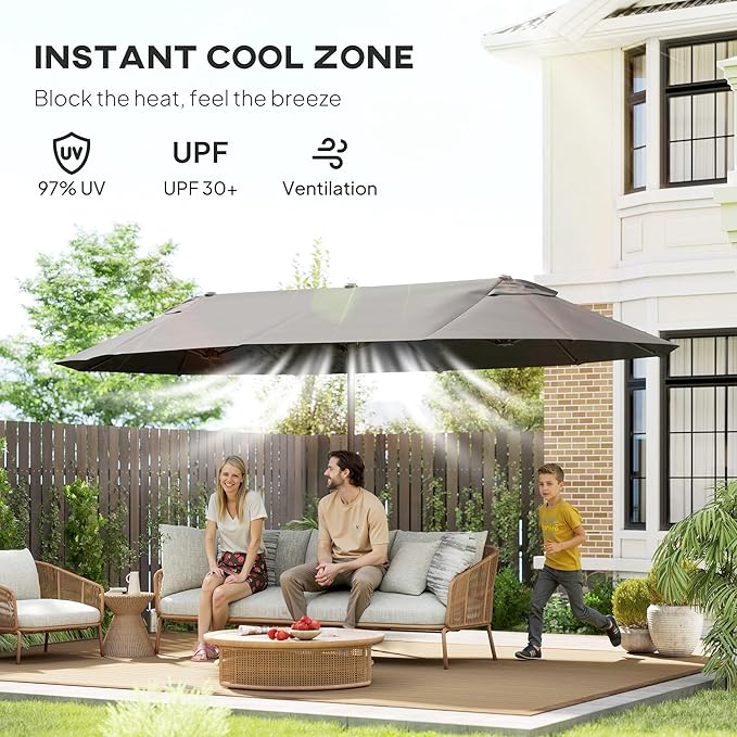 Outsunny Extra Large 15 ft Patio Umbrella, Double-Sided Wide Outdoor Umbrella with Crank Handle and Air Vents for Backyard, Deck, Pool, Market