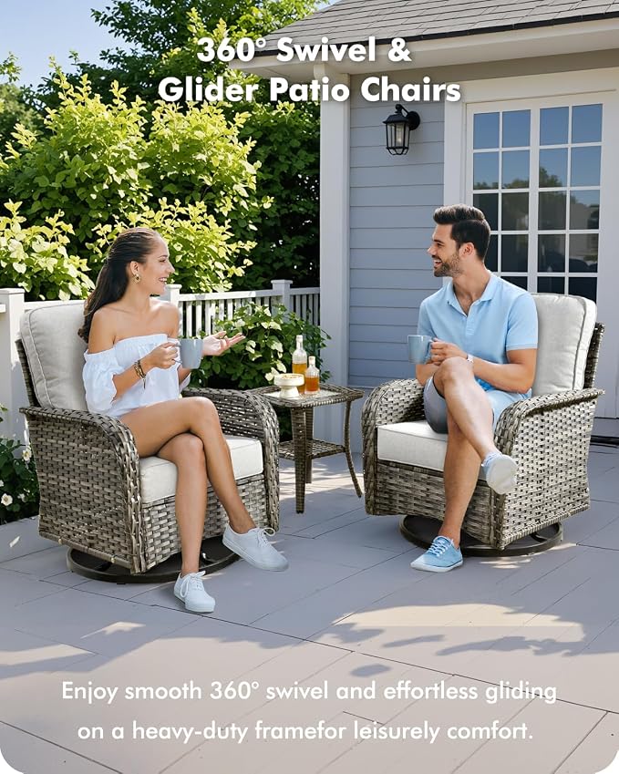CAODOC 3-Piece Swivel Rocking Rattan Chair Outdoor, Patio Bistro Furniture Conversation Set, Wicker Chair with Coffee Table Grey
