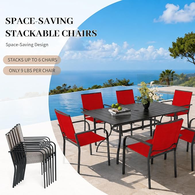 Anmutig 7-Piece Outdoor Dining Set, Powder Coated Steel Table with 6 Stackable Chairs, Red Textilene, 63 x 38 Inch Table