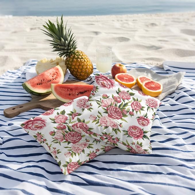 Pink Floral Outdoor Pillow Covers 24x24 Inch Throw Pillow Covers Set of 2 Waterproof Decorative Pillow Cases Pastoral Botanical Leaves Farmhouse Rustic Cushion Covers for Patio Furniture Garden Couch