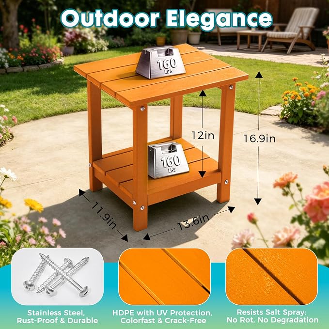 Outdoor 2-Tier Square Side Table, Adirondack Weather Resistant Patio End Table, Low Maintenance HDPE Accent Table for Backyard, Pool, Porch, Deck, Orange