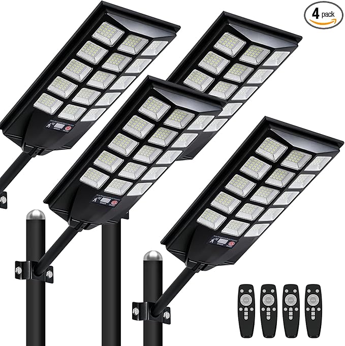 Jercoda Solar Lights Outdoor Waterproof, 6500K Dusk to Dawn Solar Street Light Motion Sensor with Remote, Solar Powered LED Security Flood Light for Outside Garden Yard Parking Lot Pathway, 4PACK