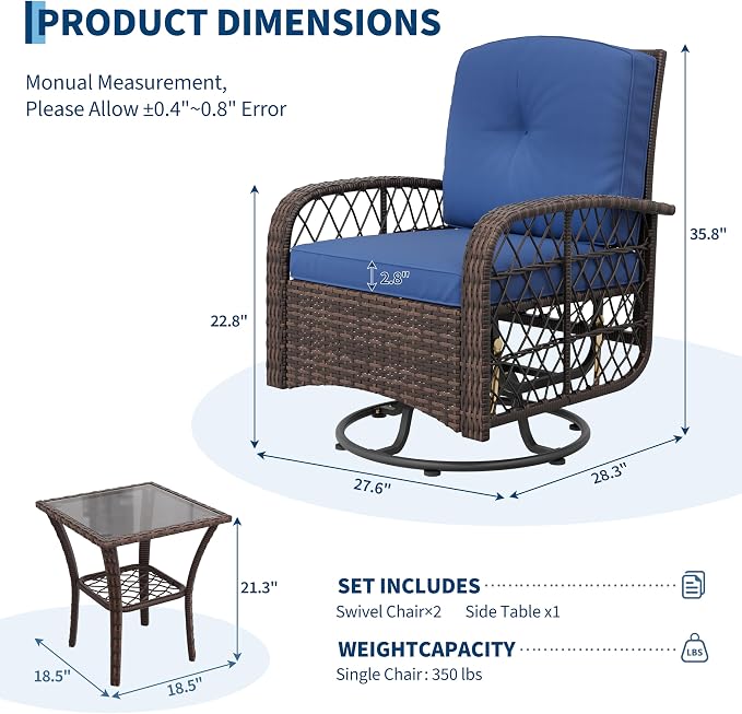 Outdoor Swivel Rocker Chairs Set, 3-Piece Patio Furniture with Washable Cushions & Glass Tabletop, Swivel Glider Rocker Set for Deck Porch Balcony Backyard Garden, Brown Wicker & Blue Cushions
