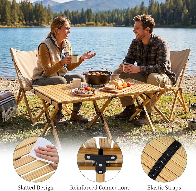 COSTWAY Folding Picnic Table, Portable 4ft Roll Up Camping Table with Storage Bag, for 4-6 People, Low Height Foldable Pine Wood Bench Table, for Indoor & Outdoor Party, BBQ & Hiking