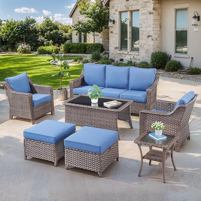 Patio Furniture Set-7 Pieces Outdoor All-Weather Wicker Conversation Set Outdoor Rattan Sofa Couch with Patio Chairs Ottomans for Porch Garden Backyard Poolside-Brown/Blue