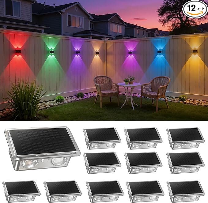 L LOHAS LED Solar Fence Lights Outdoor, 8 Modes RGB Fence Lights Solar Powered, IP44 Waterproof Outdoor Step Light for Backyard Deck Wall Pathway Patio (12 Pack)