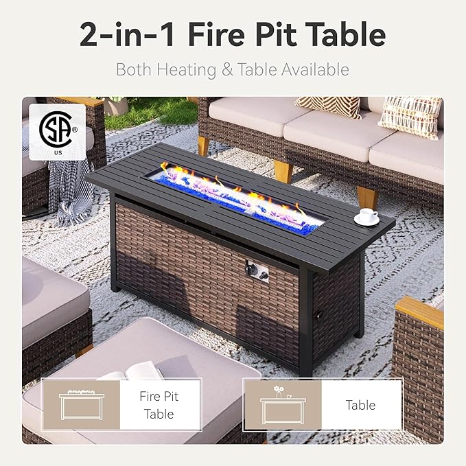 GREEN PARTY 7 Pieces Wicker Patio Furniture Set with 56" Fire Pit Table, All-Weather Outdoor Rattan Patio Sectional Sofa Conversation Set 7 Seats with 4" Thick Cushions for Garden, Backyard