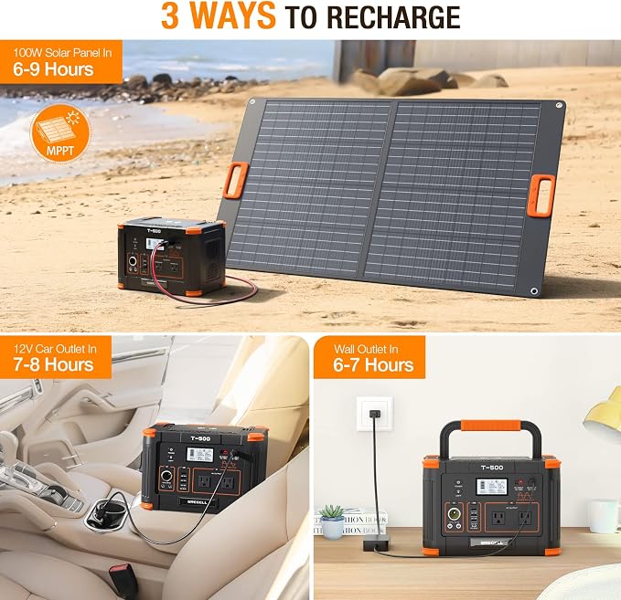 Portable Power Station 500W(Peak 1000W), 519.48Wh Outdoor Solar Generator Backup Battery Pack with 2 AC Outlets, 500W 10-Port Powerhouse for RV/Van Camping Fishing Climbing Road Trip Home Emergency