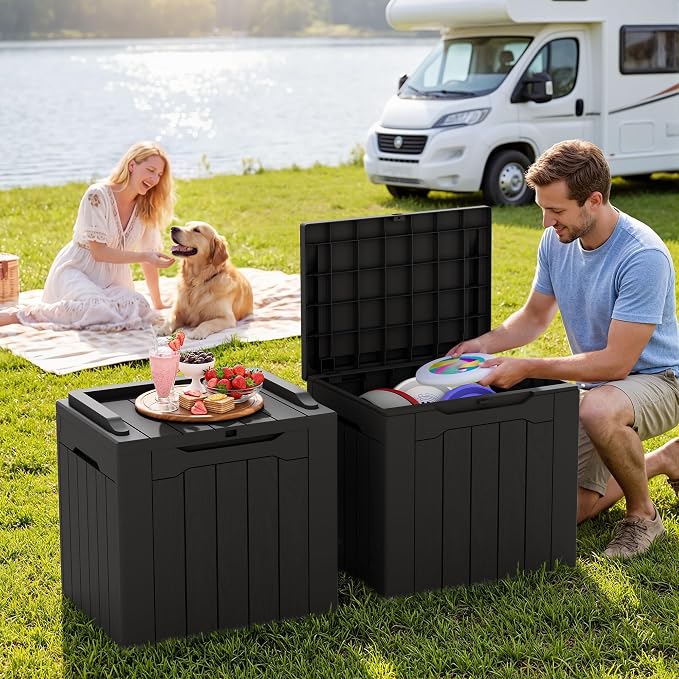 GUNJI 30 Gallon Small Deck Box Outdoor Waterproof Resin Storage Box Lockable Storage Container Outside Package Delivery Box 2 Packs (Black, 2 Packs)