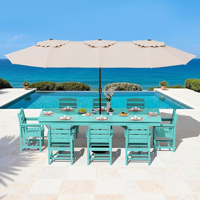 SERWALL 9 Piece 84" HDPE Outdoor Dining Set for 8 with Armless Chairs and Umbrelle Hole, Aruba