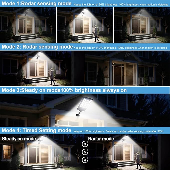 Jercoda Solar Lights Outdoor Waterproof, 6500K Dusk to Dawn Solar Street Light Motion Sensor with Remote, Solar Powered LED Security Flood Light for Outside Garden Yard Parking Lot Pathway, 4PACK