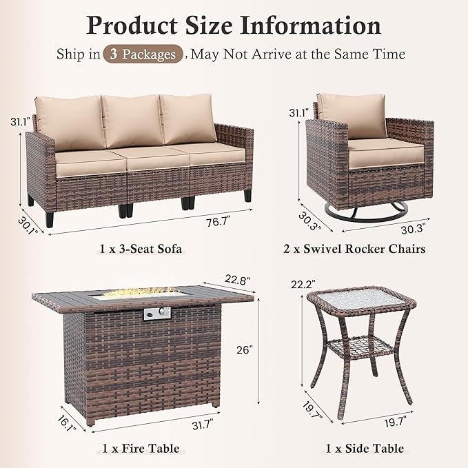 Amopatio Patio Furniture Set, 5-Piece Wicker Outdoor Sectional Sofa with Swivel Rocker Chairs, All-Weather Rattan Conversation Set with Fire Pit Table and Waterproof Cover for Backyard Brown/Khak