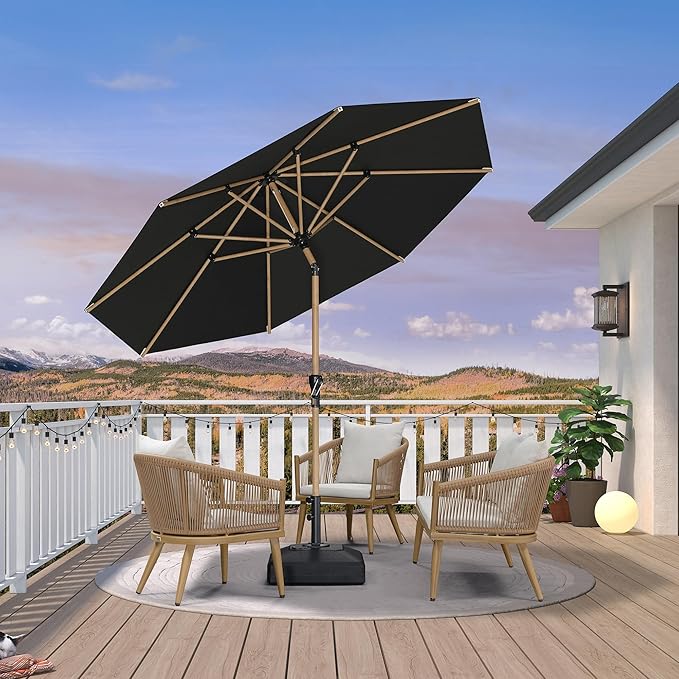 PURPLE LEAF 11 Feet Patio Umbrella with Base Market Umbrella Round Outdoor Umbrella with Push Button Tilt & Crank and 8 Ribs Aluminum Table Umbrella for Pool Backyard Beach, Black