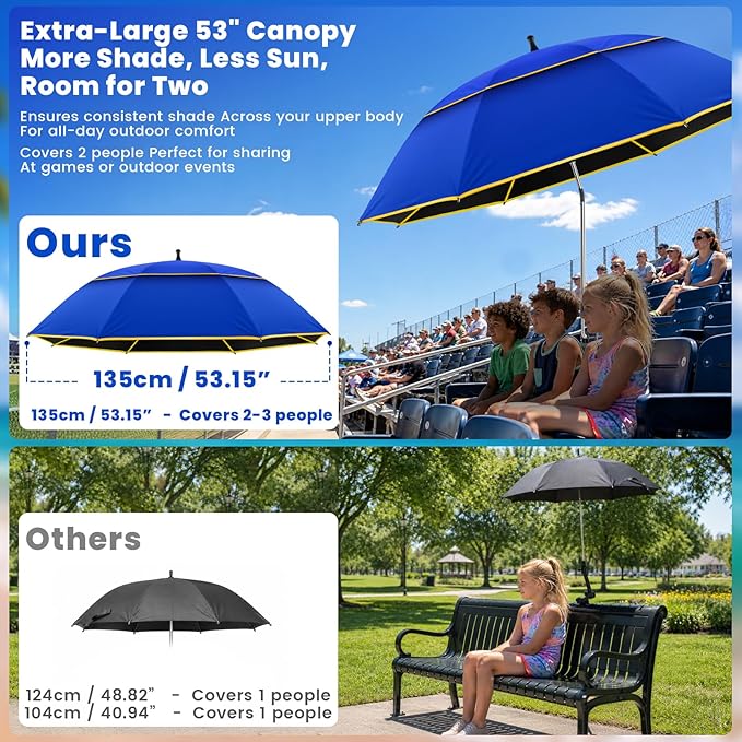 Chair Umbrella with Clamp,2PACK 53 inches Double Canopy Beach Chair Umbrella with Universal Clamp,50+ UV Protection,360° Swivel,Folding Clip on Sun Umbrellas for Table,Camping,Bench Chairs,Golf Cart