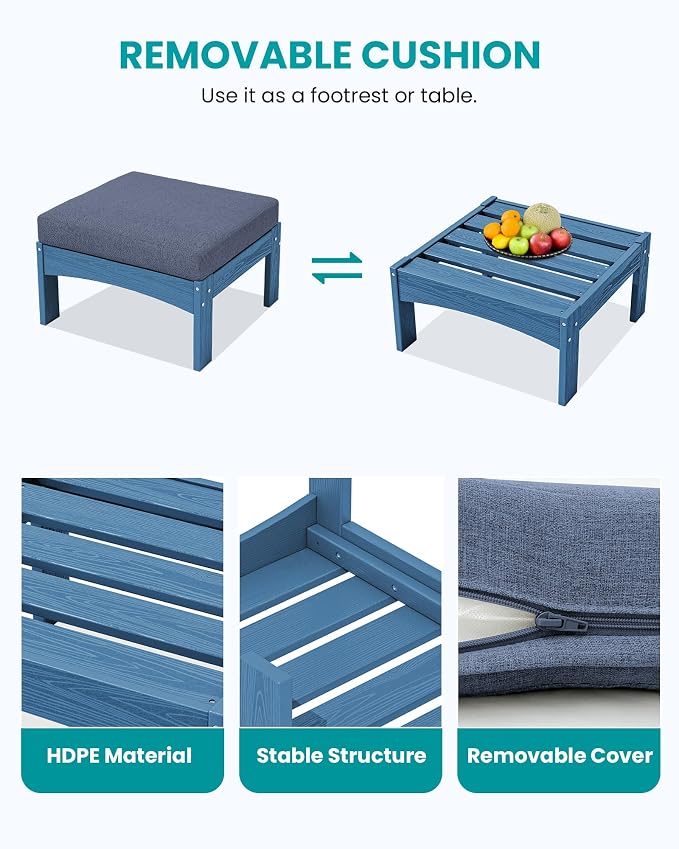 SERWALL 7 Pieces Patio Conversation Set, Heavy Duty HDPE Outdoor Sectional Sofas with Cushions and Coffee, All-Weather Outdoor Couch Set for Backyard, Deck and Porch, Blue Frame with Grey Cushion