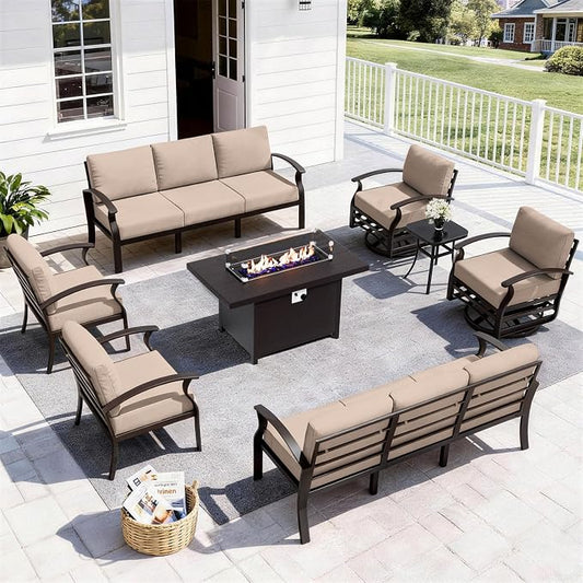 ALAULM Aluminum Patio Furniture Set with Propane Fire Pit Table 10-seat Metal Outdoor Furniture w/Fire Pit Patio Sectional w/5.1" Cushions for Patio, Backyard, Poolside-Sand