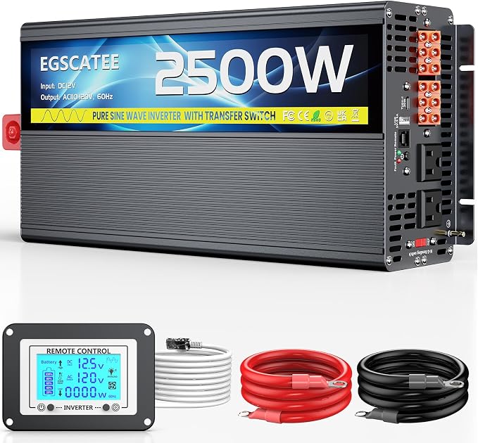 2500W Pure Sine Wave RV Inverter with Built-in ATS, 12V DC to 110V/120V AC Power Converter, 5000W Peak, Automatic Shore Power Bypass, Hardwire Ready for RV Electrical Systems, LCD Remote, USB & Type-C