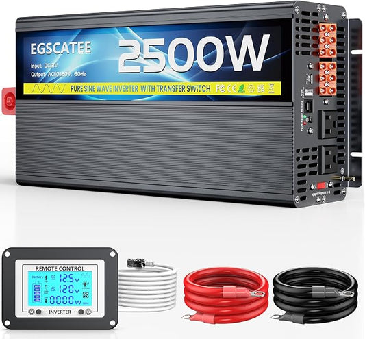 2500W Pure Sine Wave RV Inverter with Built-in ATS, 12V DC to 110V/120V AC Power Converter, 5000W Peak, Automatic Shore Power Bypass, Hardwire Ready for RV Electrical Systems, LCD Remote, USB & Type-C