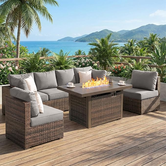 7 Piece Patio Furniture Set with 44" Fire Pit Table, Outdoor Sectional Couch, PE Rattan Patio Conversation Sets with 4inch Cushions for Backyard Grey (GY)