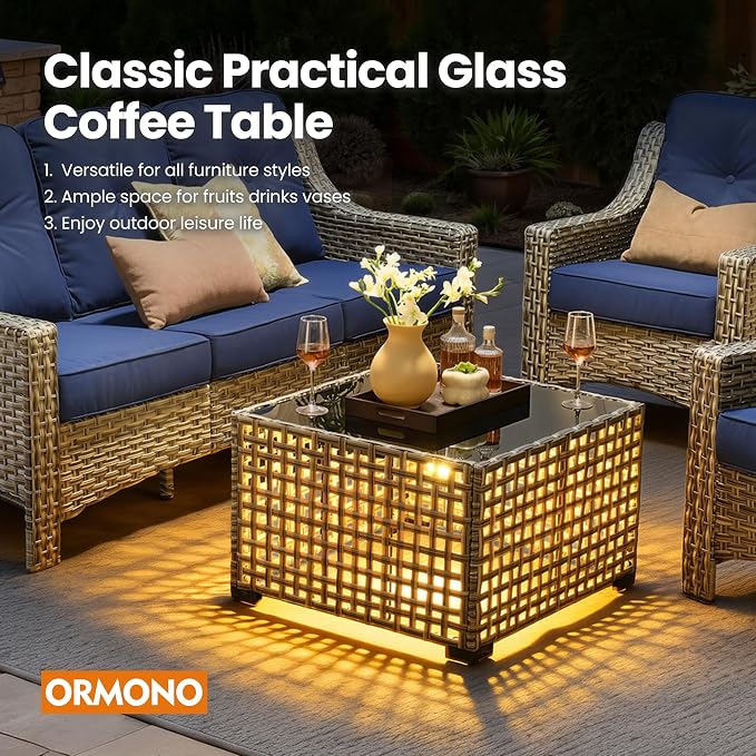 5 PCS Patio Conversation Set, All-Weather Rattan Wicker Outdoor Patio Furniture Sets with High Back Swivel Rocker Chair, Solar Light Coffee Table for Porch,Backyard,Balcony,Navy Blue