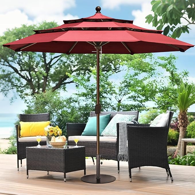 EliteShade USA 10-Year-Non-Fading 11ft 3-Tier Market Patio Umbrella, Commercial Grade Outdoor Table Umbrella with Crank Open, Windproof & UPF 50+ UV Protection, Heavy Duty Ventilation for Garden, Deck, Pool, Backyard, Beach & Bistro, No Tilt, Burgundy
