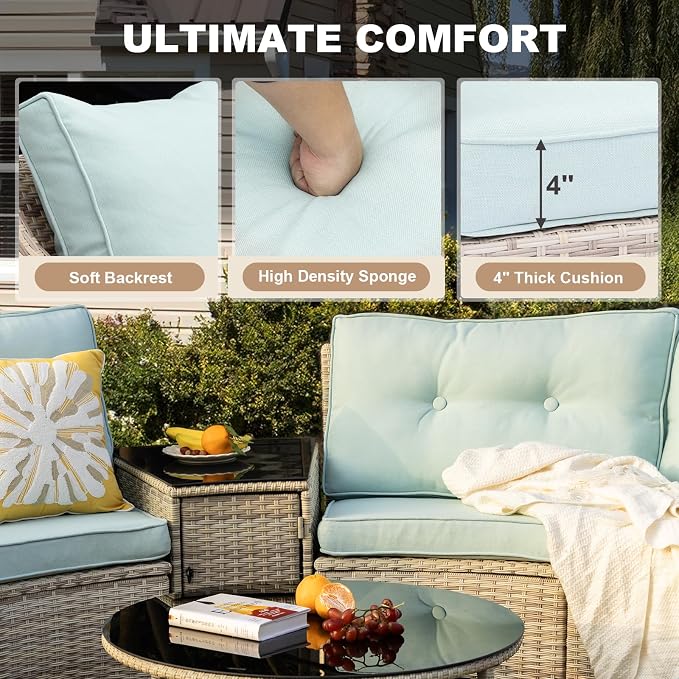 MEISSALIVVE 8-Piece Half-Moon Curved Outdoor Patio Furniture Set, Sectional Conversation Sofa with 2 Half-Moon Ottomans, Round Coffee Table for Backyard Deck Garden, Blue