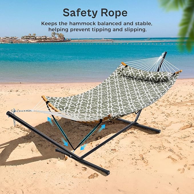 SUPERJARE Hammock with Stand, 2 Person Heavy Duty Hammock with Padded Cotton, Detachable Pillow & Strong Curved-Bar & Portable Carrying Bag, Perfect for Outdoor & Indoor, Grey with White Flower