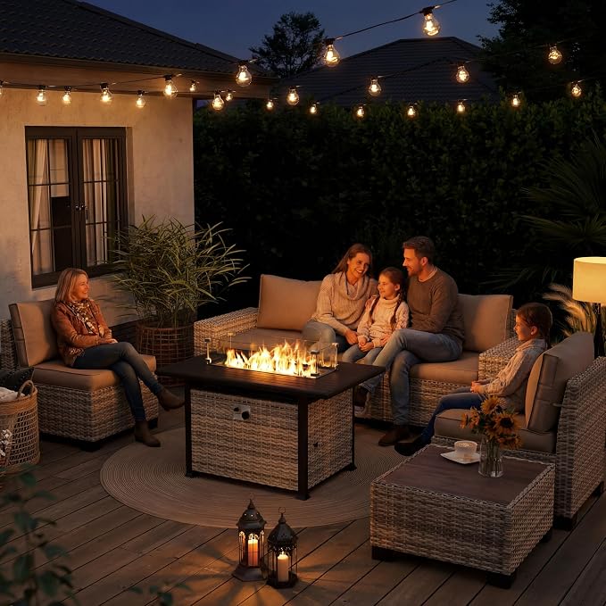 7-Piece Outdoor Patio Furniture Set with 55,000 BTU Fire Pit Table, PE Wicker Rattan Sectional Sofa Set Patio Conversation Set with Coffee Table, Turquoise