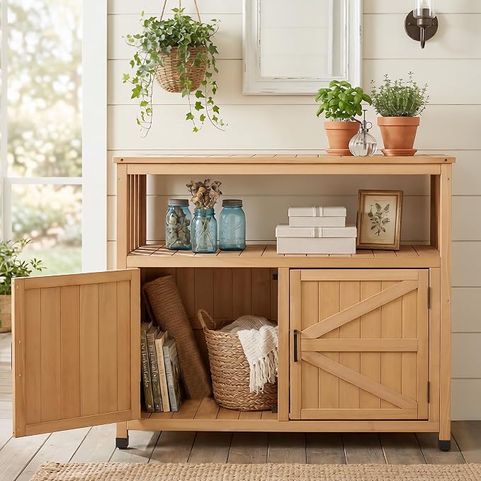 Wooden Patio Bar Table Set with Storage, Buffet Cabinet Sideboard for Outdoor and Indoor